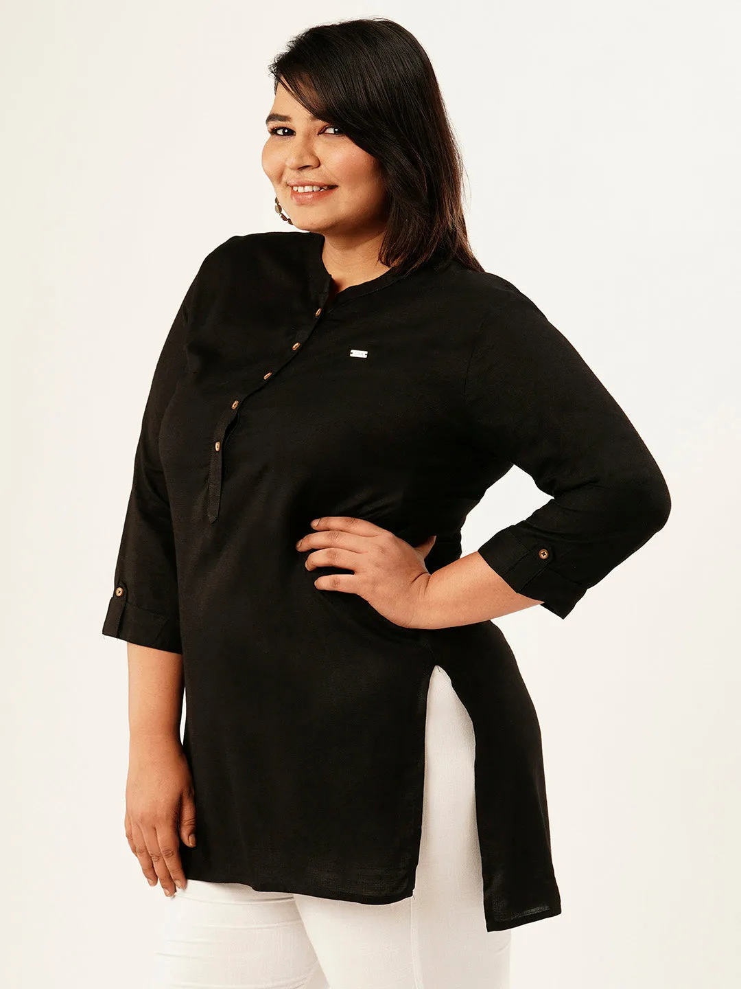 Exclusive Mandarin Collar Rayon Solid Black Straight Tunic For Women ZOLA