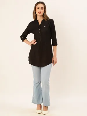 Exclusive Mandarin Collar Rayon Solid Black Straight Tunic For Women ZOLA
