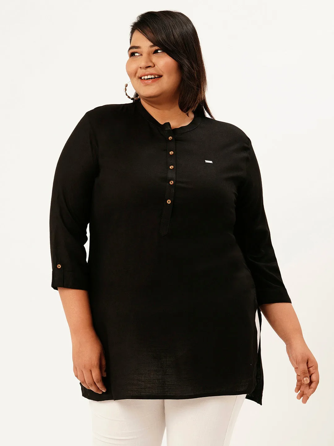 Exclusive Mandarin Collar Rayon Solid Black Straight Tunic For Women ZOLA