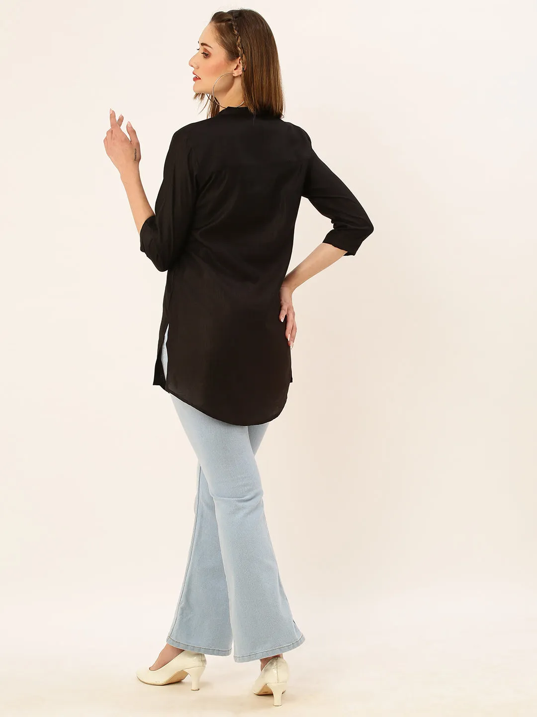 Exclusive Mandarin Collar Rayon Solid Black Straight Tunic For Women ZOLA