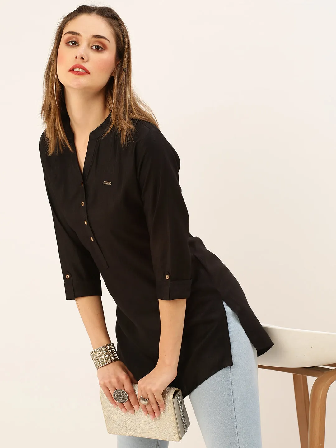 Exclusive Mandarin Collar Rayon Solid Black Straight Tunic For Women ZOLA
