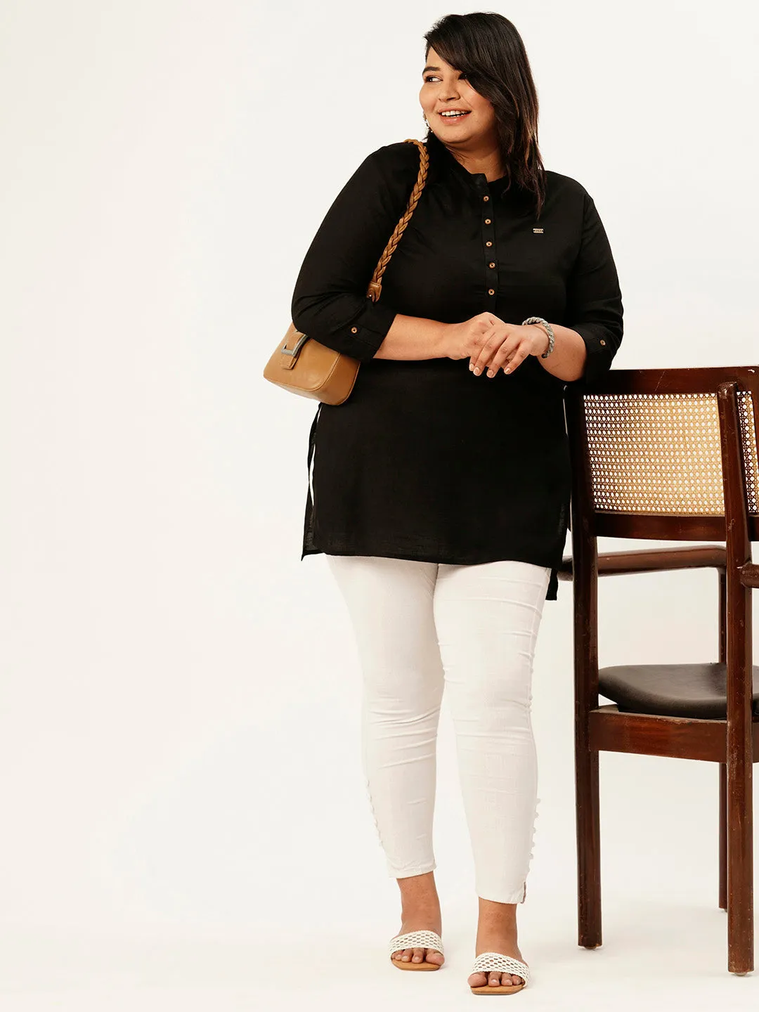 Exclusive Mandarin Collar Rayon Solid Black Straight Tunic For Women ZOLA