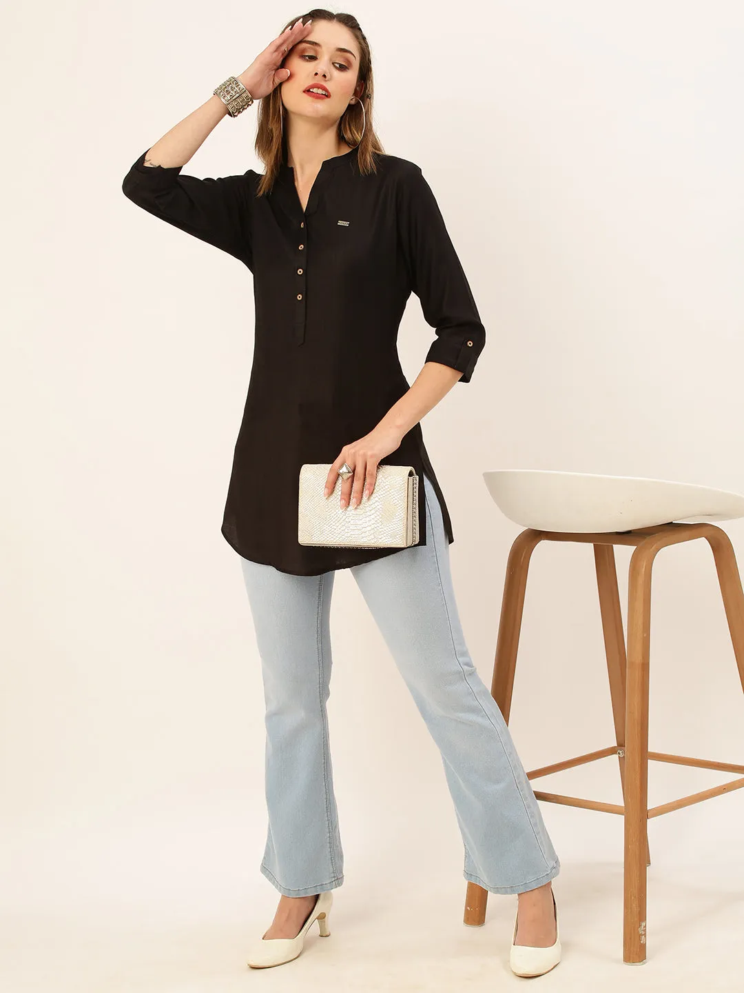 Exclusive Mandarin Collar Rayon Solid Black Straight Tunic For Women ZOLA