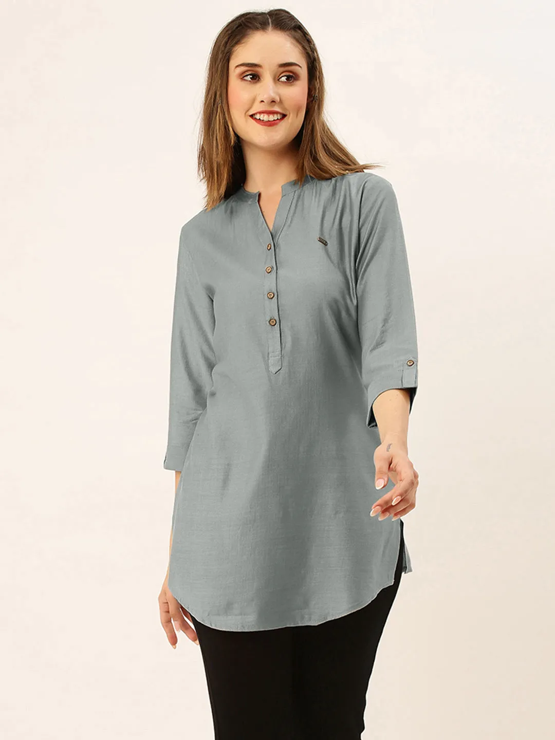 Exclusive Mandarin Collar Rayon Solid Grey Straight Tunic For Women ZOLA