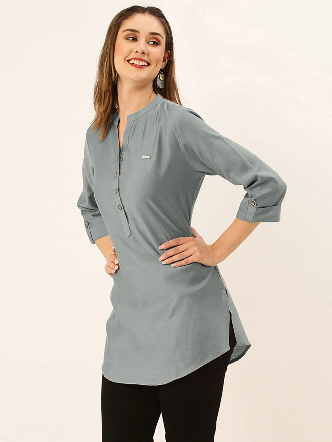 Exclusive Mandarin Collar Rayon Solid Grey Straight Tunic For Women ZOLA