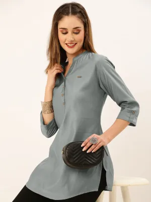Exclusive Mandarin Collar Rayon Solid Grey Straight Tunic For Women ZOLA