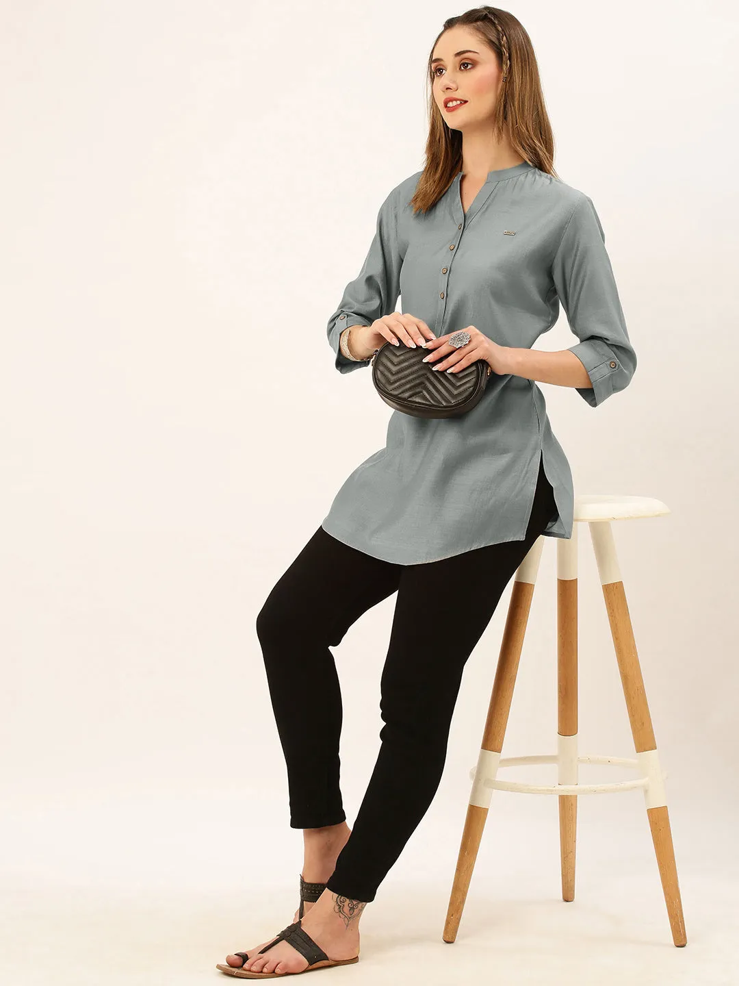 Exclusive Mandarin Collar Rayon Solid Grey Straight Tunic For Women ZOLA