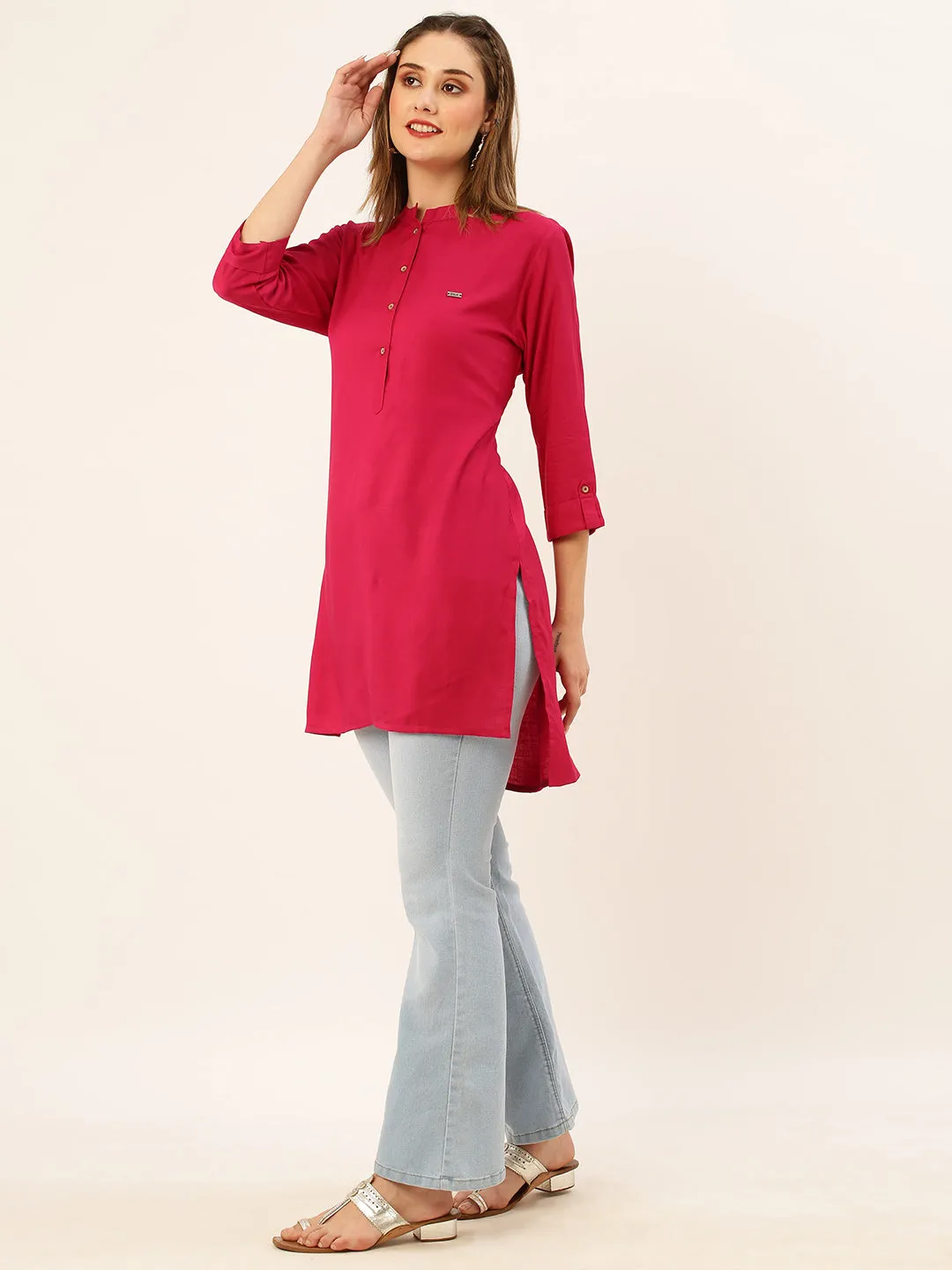 Exclusive Mandarin Collar Rayon Solid Magenta Straight Tunic For Women ZOLA