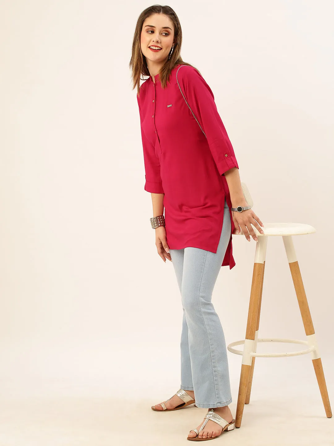 Exclusive Mandarin Collar Rayon Solid Magenta Straight Tunic For Women ZOLA