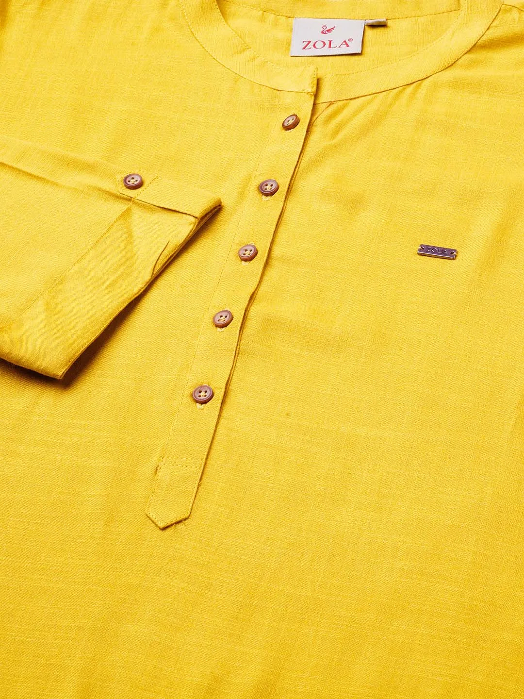 Exclusive Mandarin Collar Rayon Solid Mustard Straight Tunic For Women ZOLA