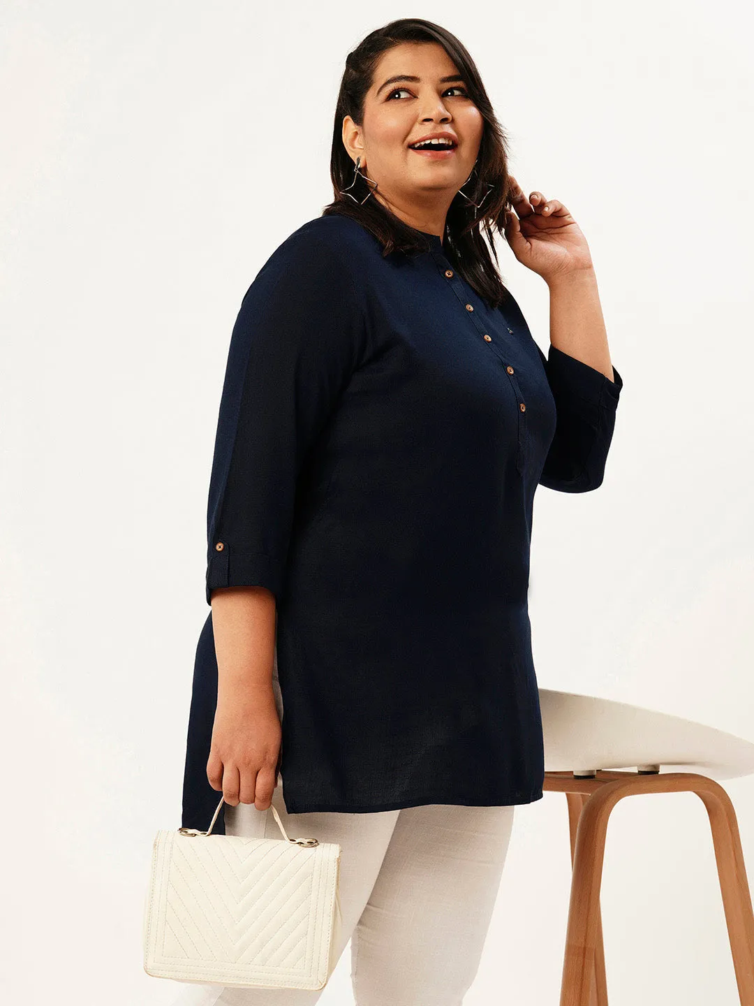 Exclusive Mandarin Collar Rayon Solid NavyBlue Straight Tunic For Women ZOLA