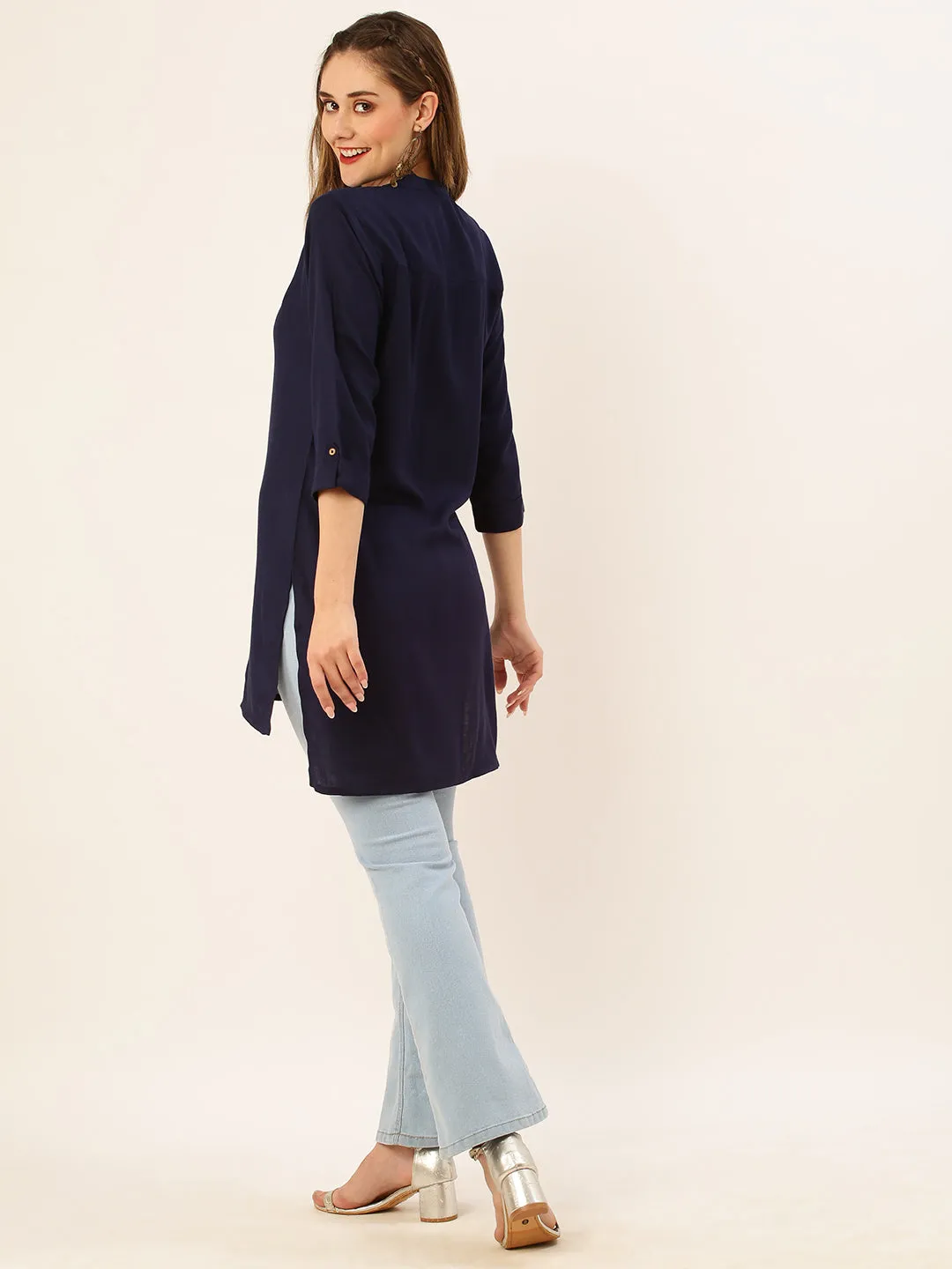 Exclusive Mandarin Collar Rayon Solid NavyBlue Straight Tunic For Women ZOLA