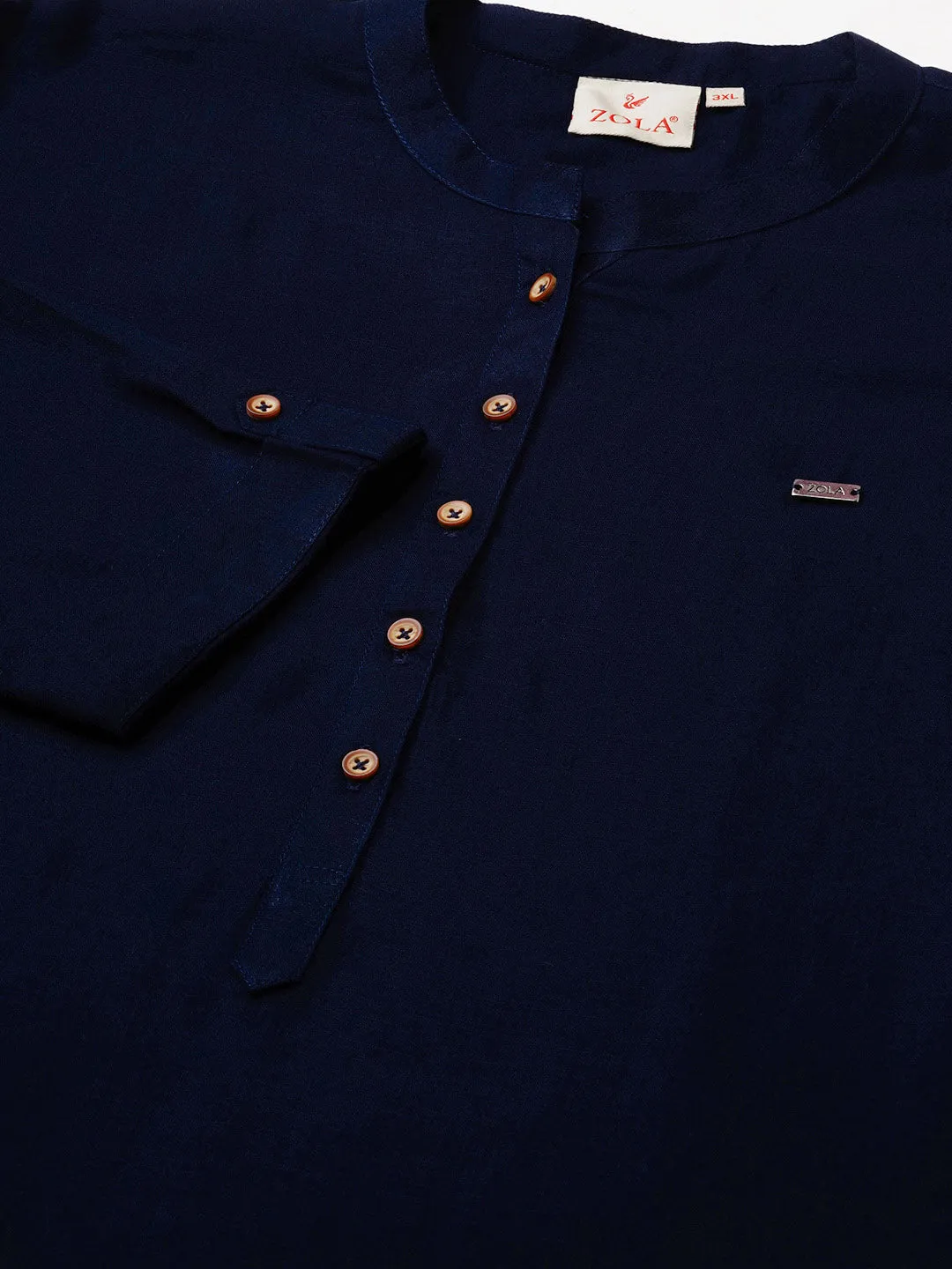 Exclusive Mandarin Collar Rayon Solid NavyBlue Straight Tunic For Women ZOLA