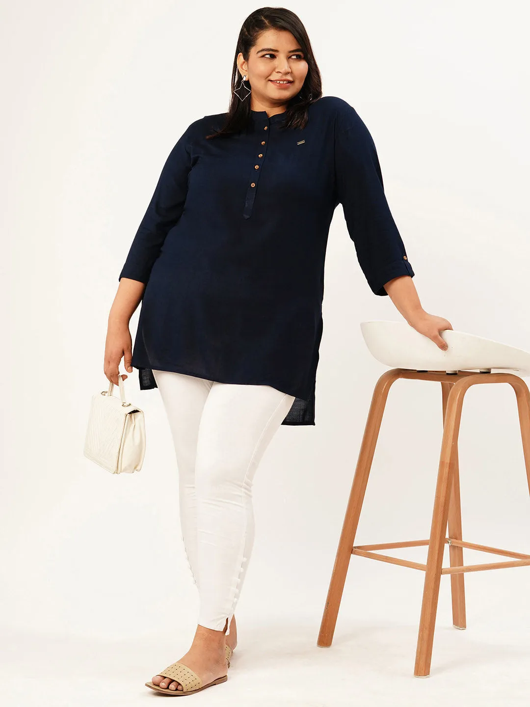 Exclusive Mandarin Collar Rayon Solid NavyBlue Straight Tunic For Women ZOLA