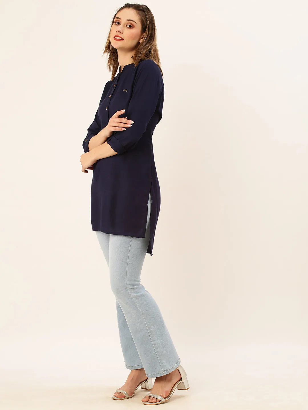 Exclusive Mandarin Collar Rayon Solid NavyBlue Straight Tunic For Women ZOLA