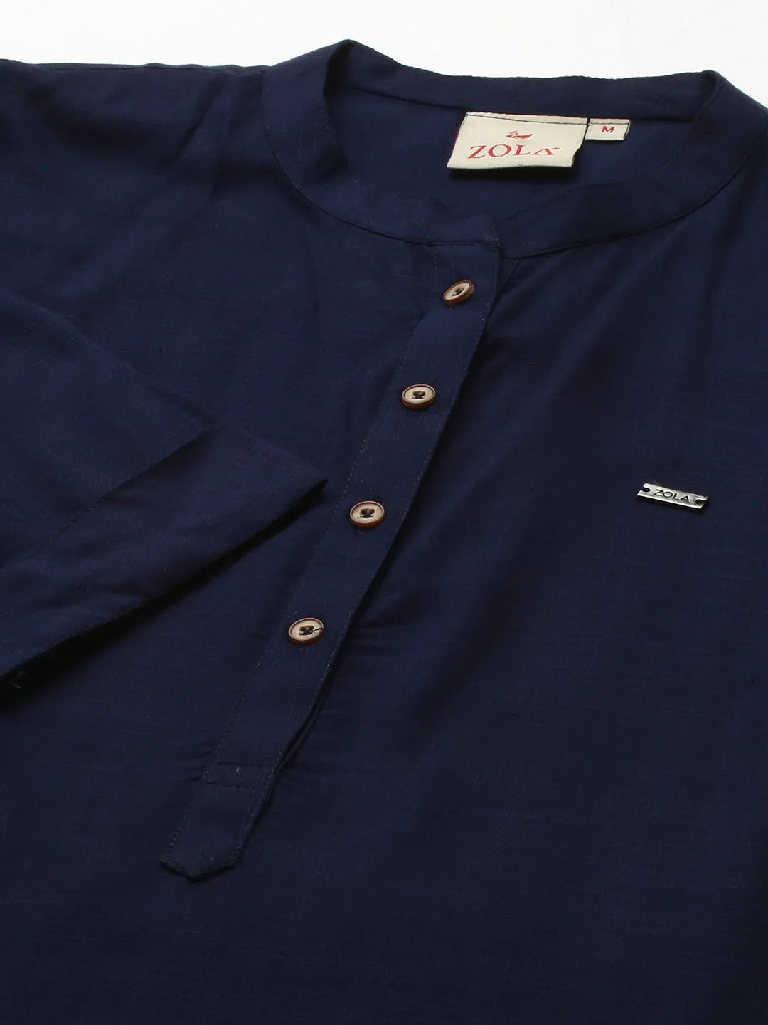 Exclusive Mandarin Collar Rayon Solid NavyBlue Straight Tunic For Women ZOLA