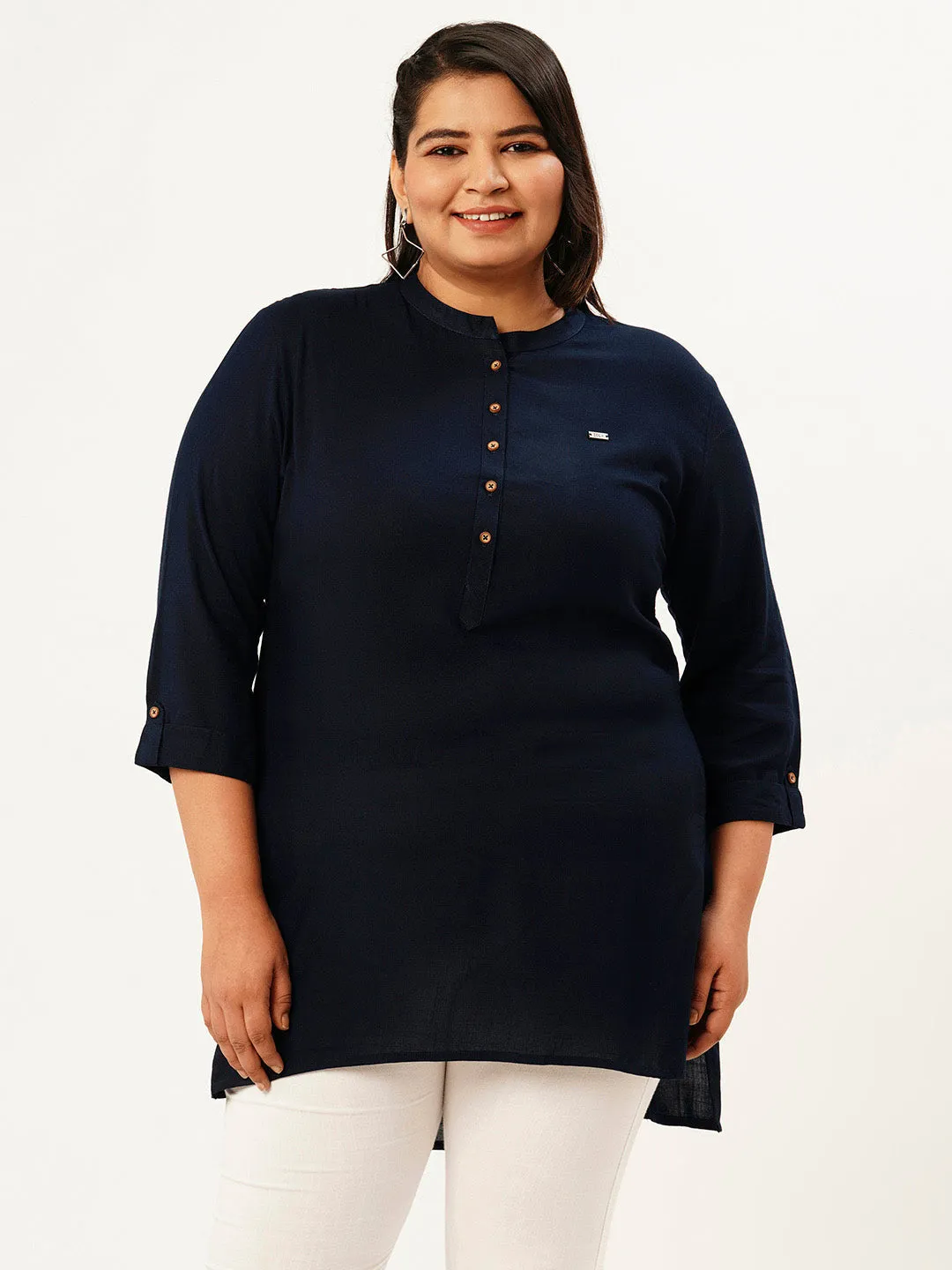 Exclusive Mandarin Collar Rayon Solid NavyBlue Straight Tunic For Women ZOLA