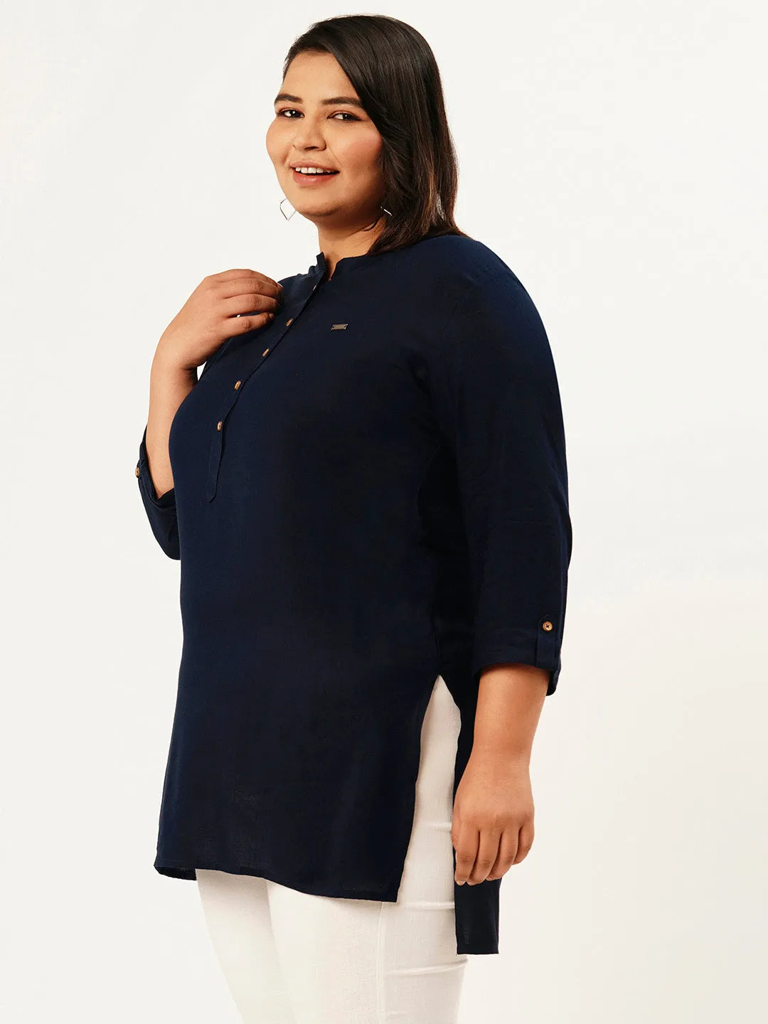 Exclusive Mandarin Collar Rayon Solid NavyBlue Straight Tunic For Women ZOLA