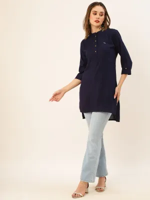 Exclusive Mandarin Collar Rayon Solid NavyBlue Straight Tunic For Women ZOLA