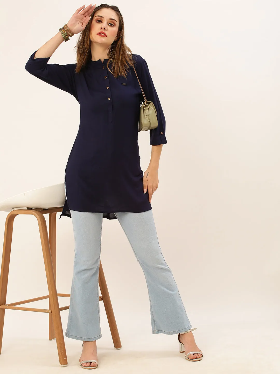 Exclusive Mandarin Collar Rayon Solid NavyBlue Straight Tunic For Women ZOLA