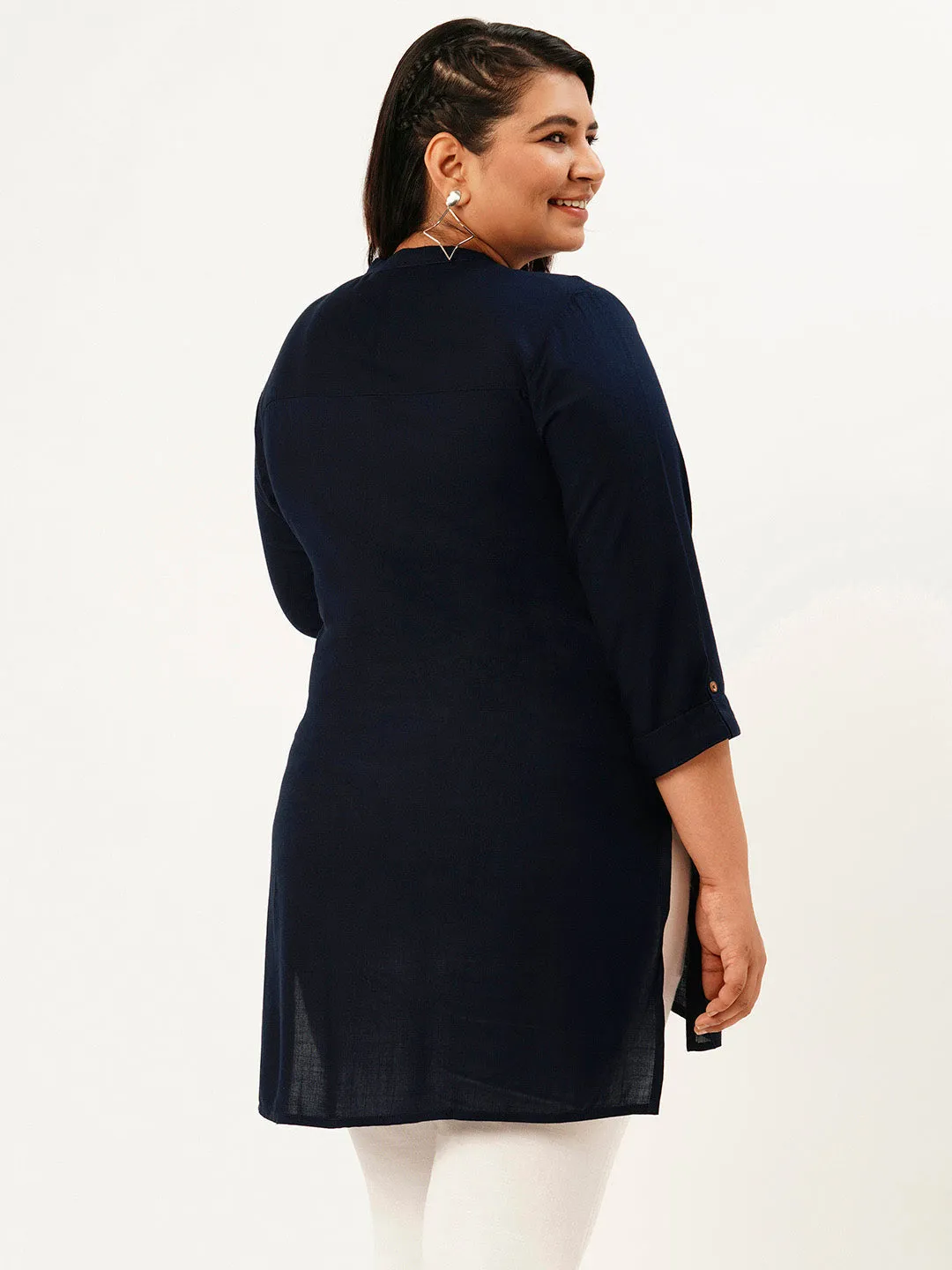 Exclusive Mandarin Collar Rayon Solid NavyBlue Straight Tunic For Women ZOLA