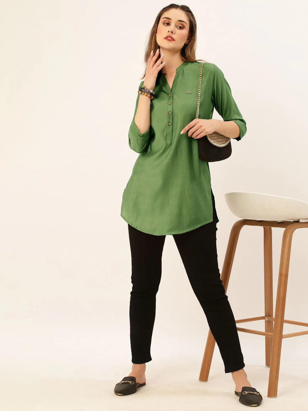 Exclusive Mandarin Collar Rayon Solid Olive Green Straight Tunic For Women ZOLA