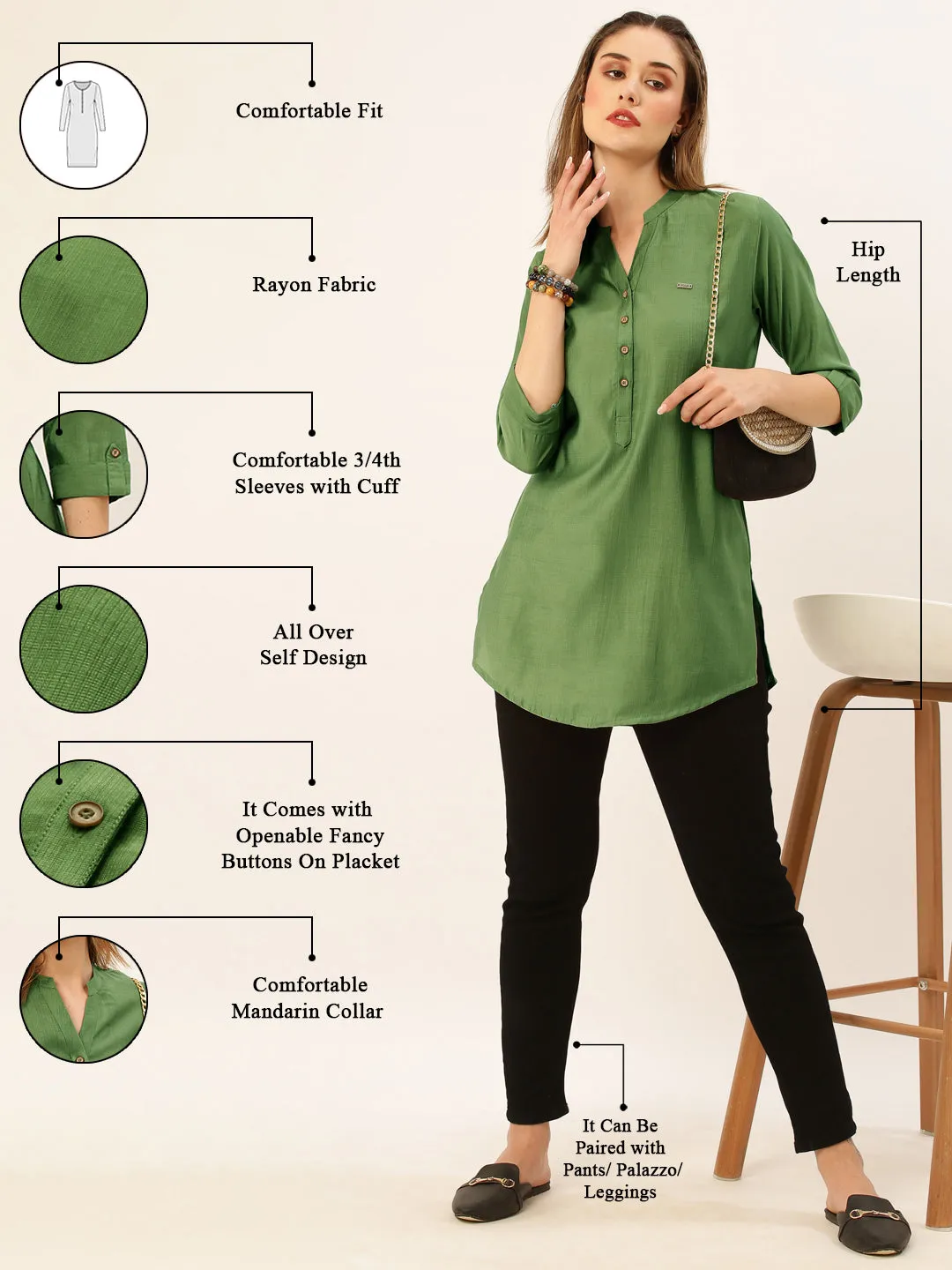 Exclusive Mandarin Collar Rayon Solid Olive Green Straight Tunic For Women ZOLA