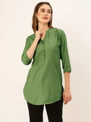 Exclusive Mandarin Collar Rayon Solid Olive Green Straight Tunic For Women ZOLA