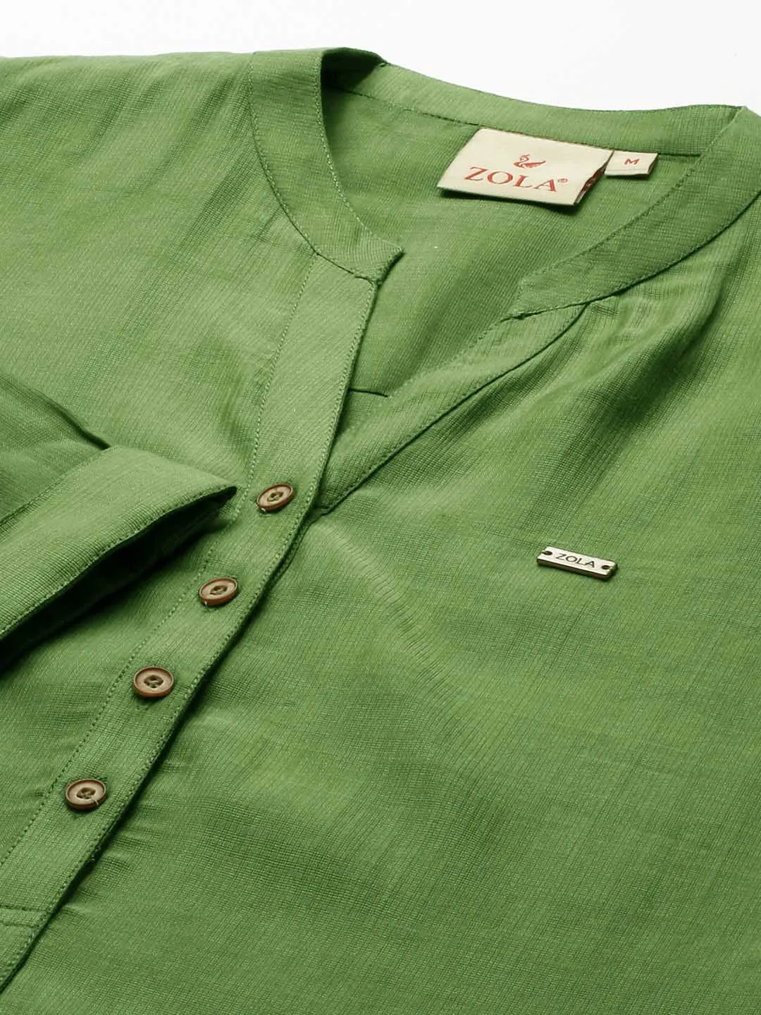 Exclusive Mandarin Collar Rayon Solid Olive Green Straight Tunic For Women ZOLA