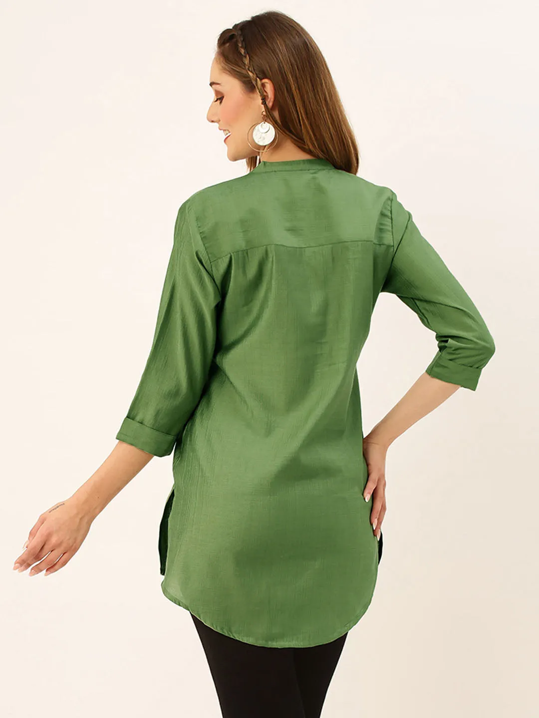 Exclusive Mandarin Collar Rayon Solid Olive Green Straight Tunic For Women ZOLA