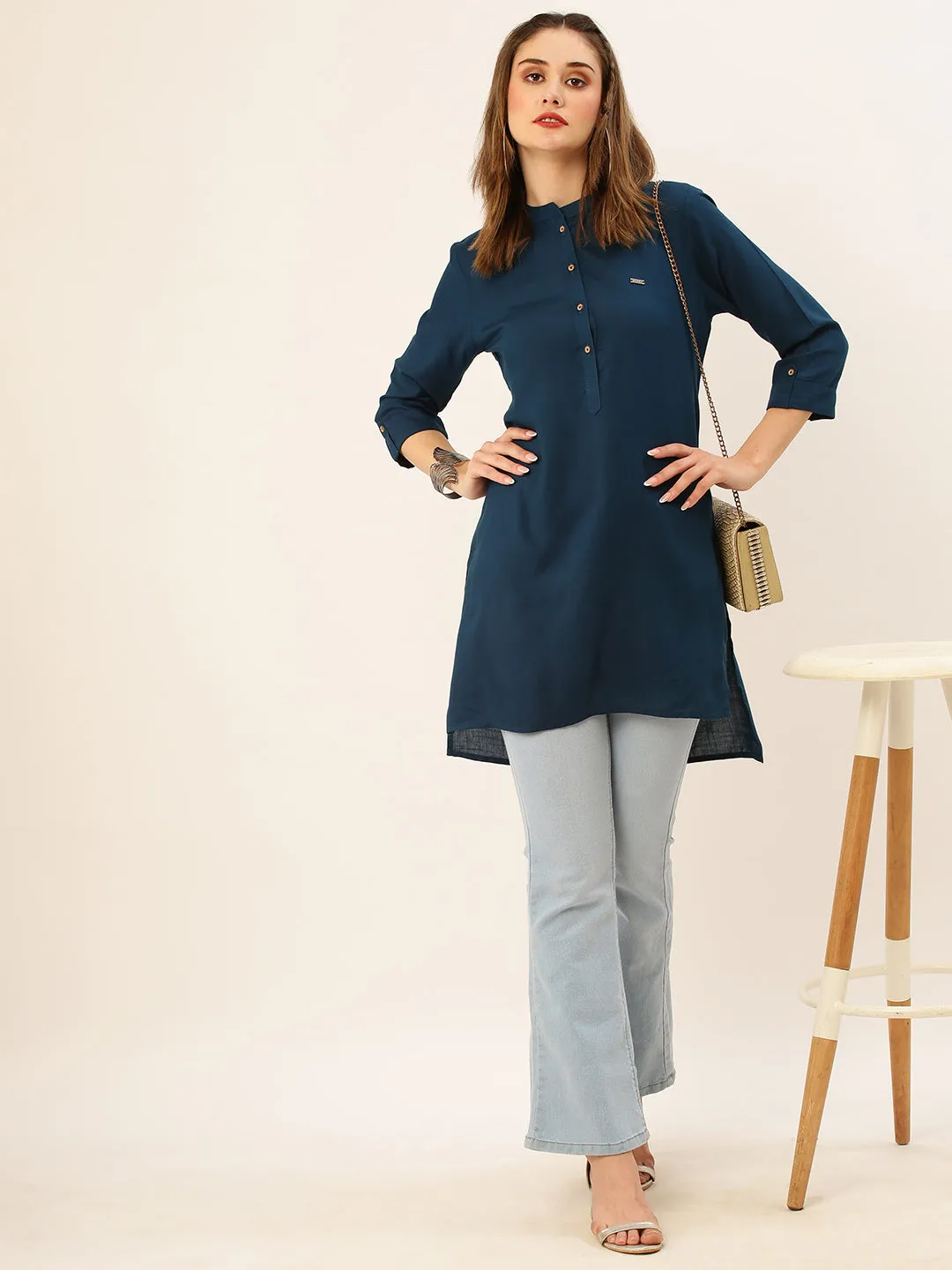 Exclusive Mandarin Collar Rayon Solid Teal Straight Tunic For Women ZOLA