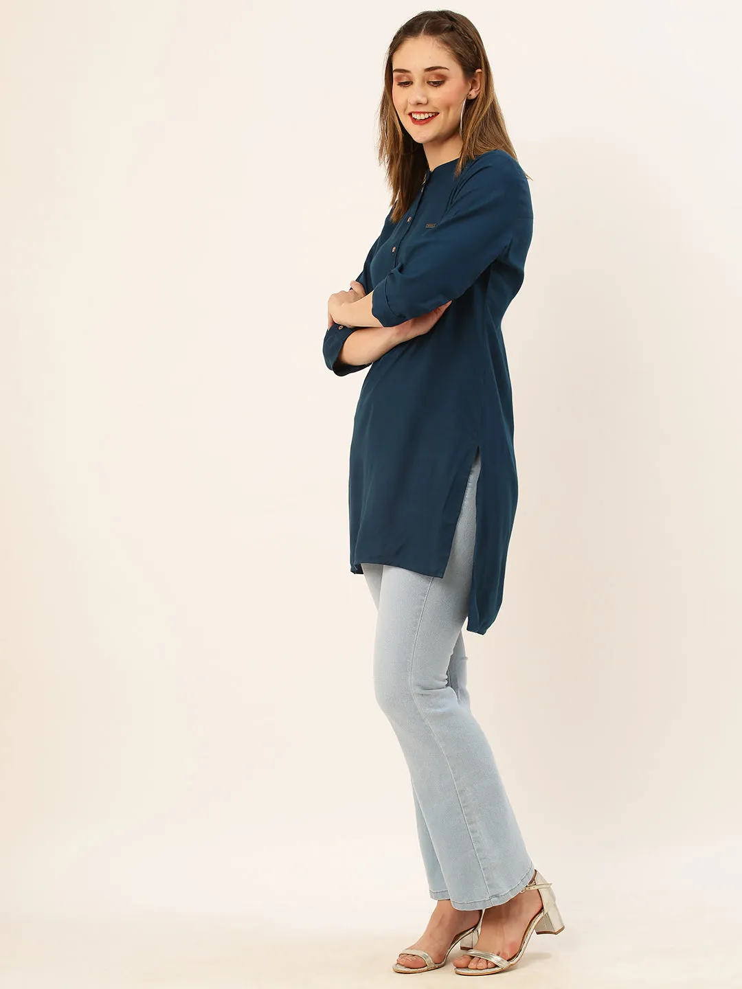 Exclusive Mandarin Collar Rayon Solid Teal Straight Tunic For Women ZOLA