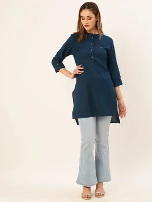 Exclusive Mandarin Collar Rayon Solid Teal Straight Tunic For Women ZOLA
