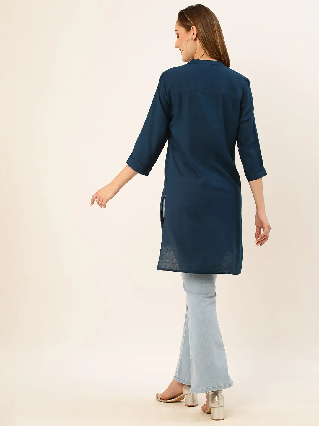 Exclusive Mandarin Collar Rayon Solid Teal Straight Tunic For Women ZOLA