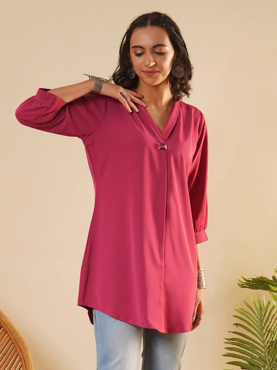 Exclusive V Neckline Rayon Solid Magenta  Straight Tunic For Women ZOLA