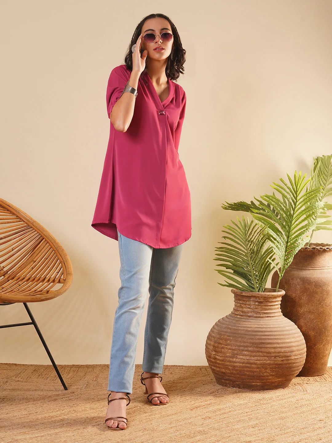 Exclusive V Neckline Rayon Solid Magenta  Straight Tunic For Women ZOLA