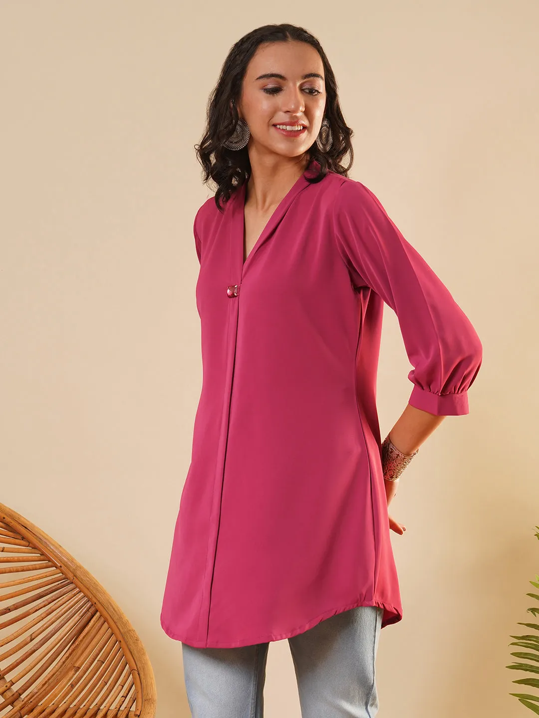 Exclusive V Neckline Rayon Solid Magenta  Straight Tunic For Women ZOLA
