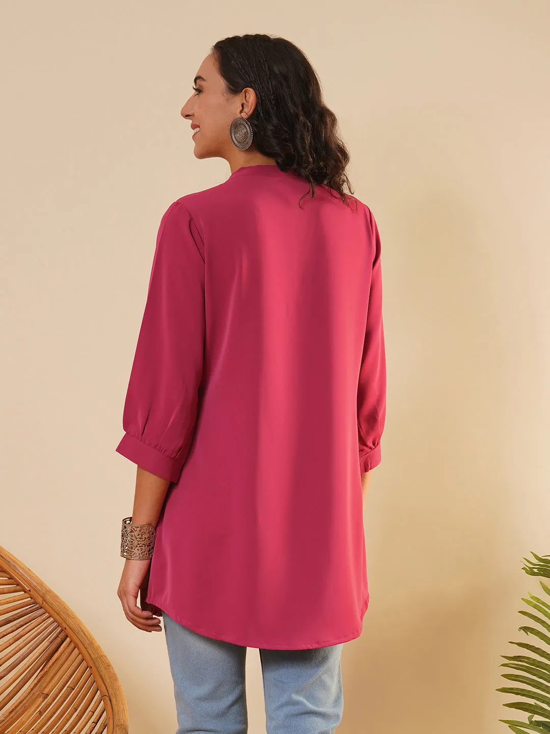 Exclusive V Neckline Rayon Solid Magenta  Straight Tunic For Women ZOLA