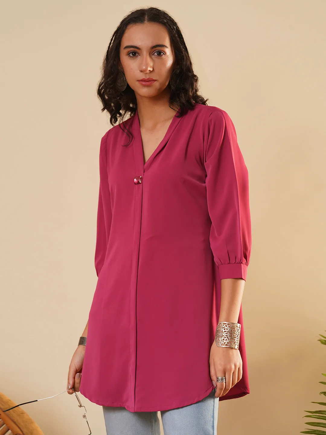 Exclusive V Neckline Rayon Solid Magenta  Straight Tunic For Women ZOLA