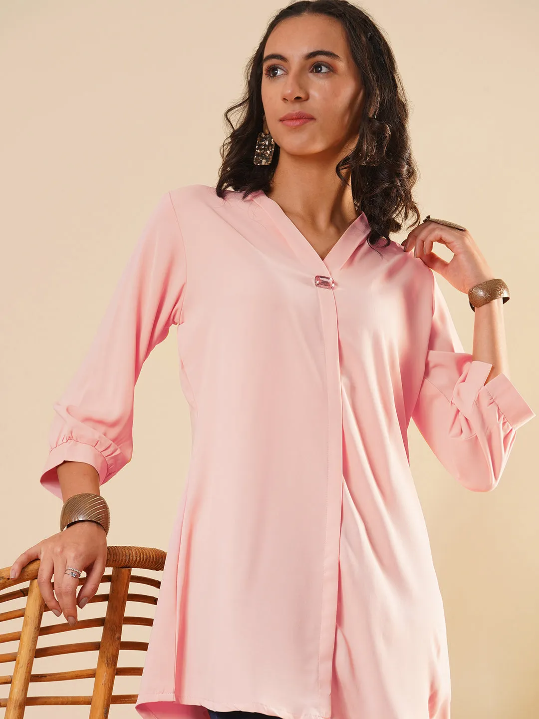 Exclusive V Neckline Rayon Solid Peach  Straight Tunic For Women ZOLA
