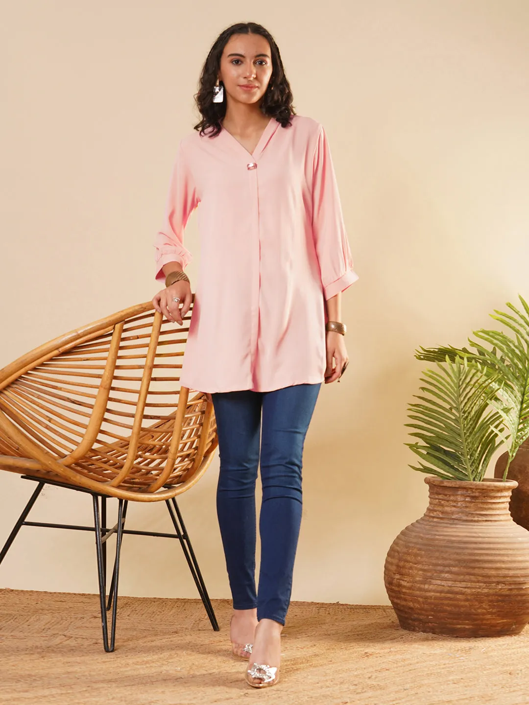 Exclusive V Neckline Rayon Solid Peach  Straight Tunic For Women ZOLA