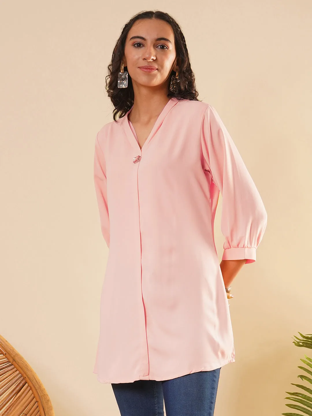 Exclusive V Neckline Rayon Solid Peach  Straight Tunic For Women ZOLA