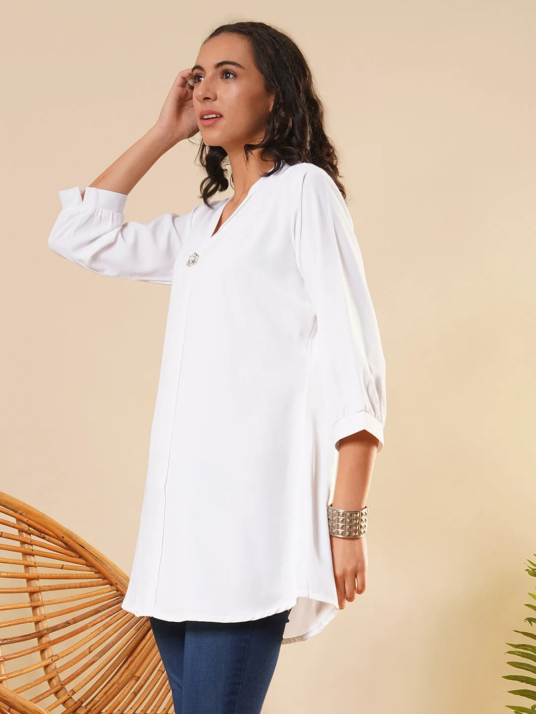 Exclusive V Neckline Rayon Solid White  Straight Tunic For Women ZOLA