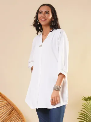 Exclusive V Neckline Rayon Solid White  Straight Tunic For Women ZOLA
