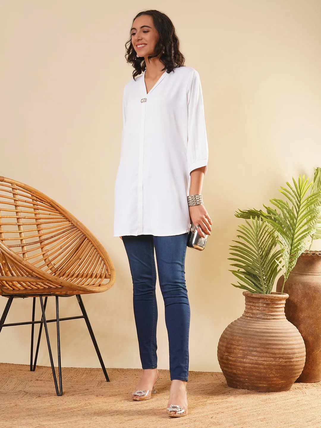 Exclusive V Neckline Rayon Solid White  Straight Tunic For Women ZOLA