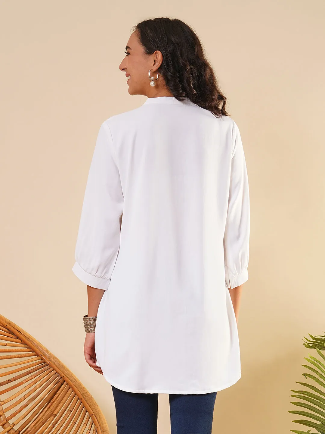 Exclusive V Neckline Rayon Solid White  Straight Tunic For Women ZOLA