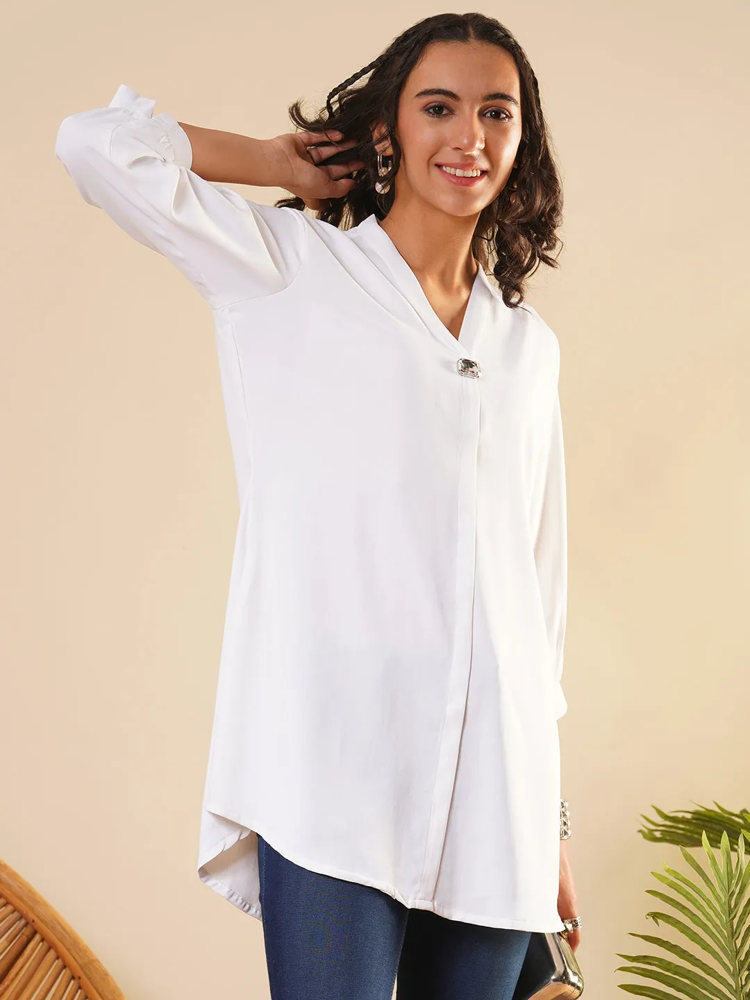 Exclusive V Neckline Rayon Solid White  Straight Tunic For Women ZOLA