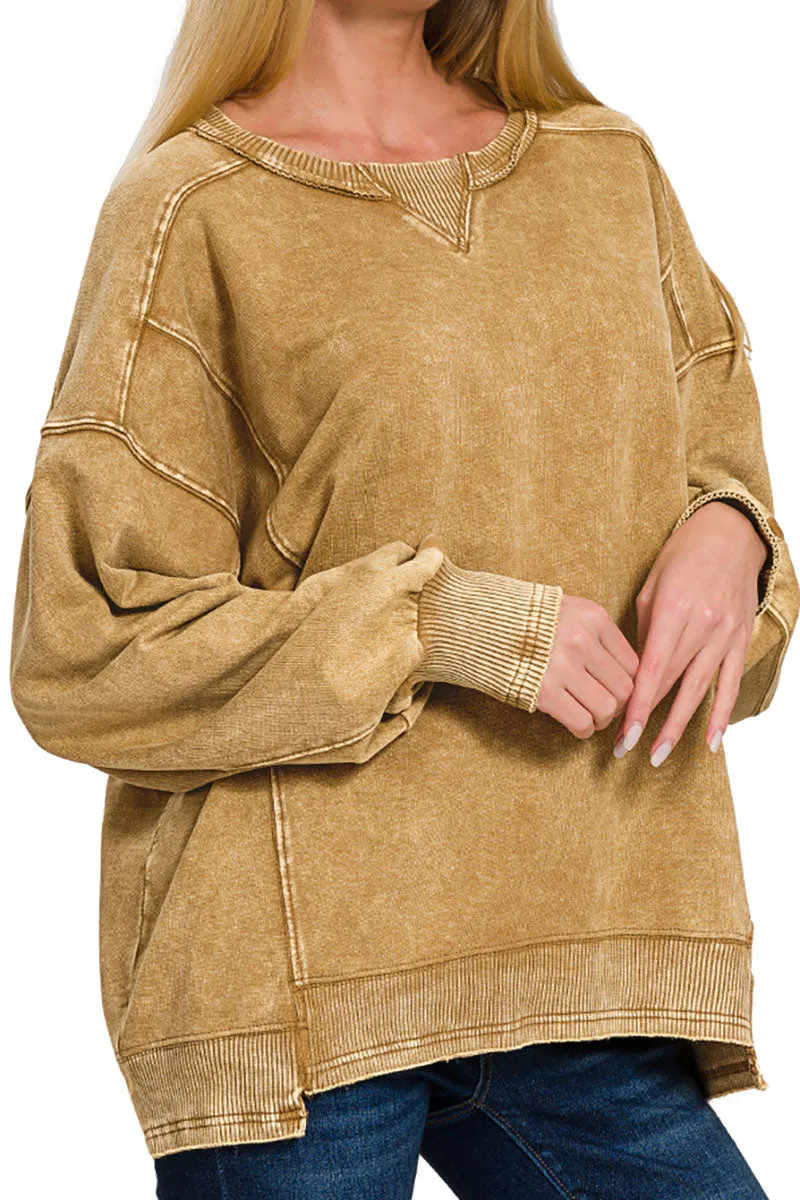 Fall Dreaming Camel Acid Wash French Terry Pullover