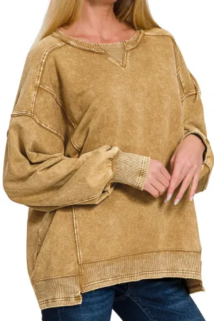 Fall Dreaming Camel Acid Wash French Terry Pullover