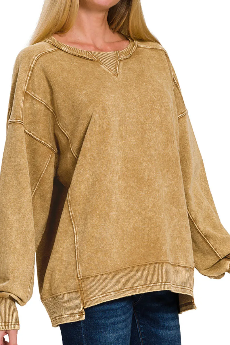 Fall Dreaming Camel Acid Wash French Terry Pullover
